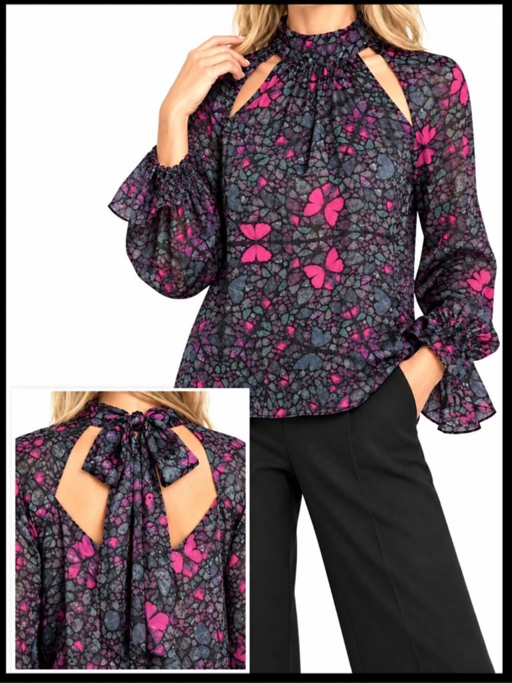 Ted Baker Blouse Black Pink Butterfly Mosaic Cutout US 10 L
